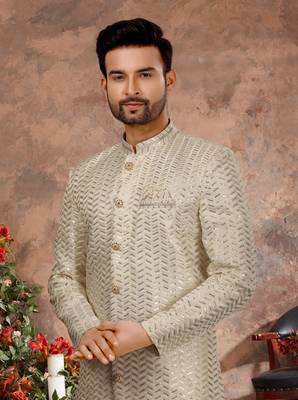 Cream digital computer amrodery stone work  indo western sherwani 2
