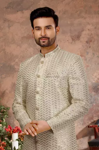 Cream digital computer amrodery stone work  indo western sherwani