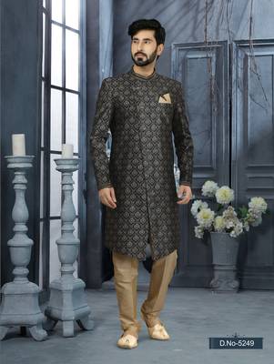 Green jackard digital printed with thread work  indo western sherwani 1