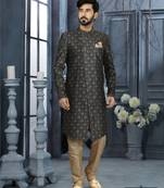 Green jackard digital printed with thread work  indo western sherwani