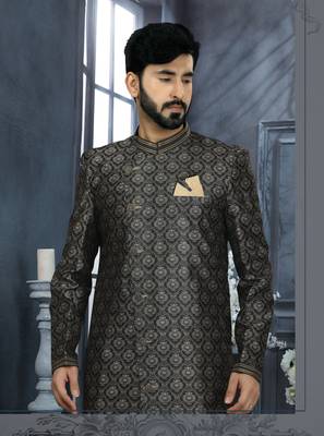 Green jackard digital printed with thread work  indo western sherwani 2
