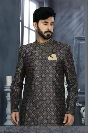 Green jackard digital printed with thread work  indo western sherwani