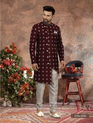 Dark maroon computer amrodery booti with thread work  indo western sherwani 1