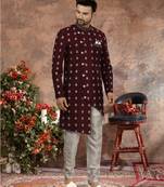 Dark maroon computer amrodery booti with thread work  indo western sherwani