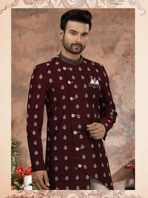 Dark maroon computer amrodery booti with thread work  indo western sherwani 2