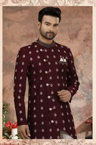 Dark maroon computer amrodery booti with thread work  indo western sherwani