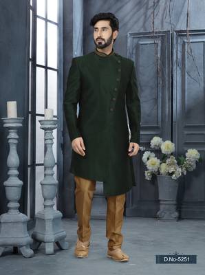 Bottle green silk with stone hand work  indo western sherwani 1