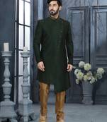 Bottle green silk with stone hand work  indo western sherwani