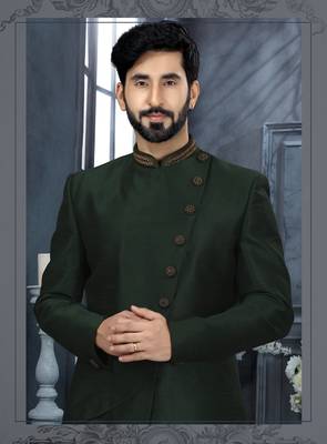 Bottle green silk with stone hand work  indo western sherwani 2