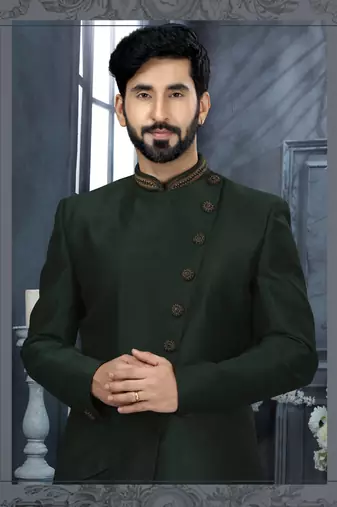 Bottle green silk with stone hand work  indo western sherwani