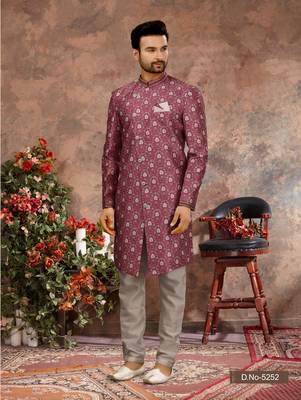 Multy colour jackard digital printed with thread work  indo western sherwani 1