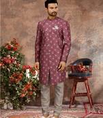 Multy colour jackard digital printed with thread work  indo western sherwani