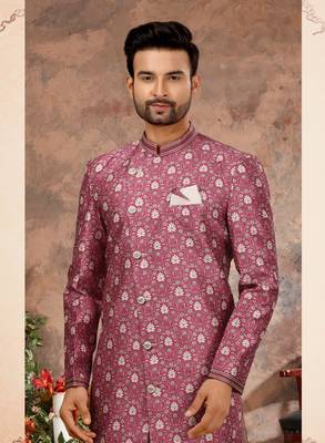 Multy colour jackard digital printed with thread work  indo western sherwani 2