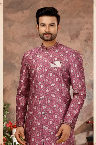 Multy colour jackard digital printed with thread work  indo western sherwani