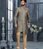 Gray jackard digital printed with thread work  indo western sherwani