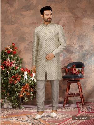 Cream computer amrodery booti with thread work  indo western sherwani 1