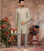 Cream computer amrodery booti with thread work  indo western sherwani