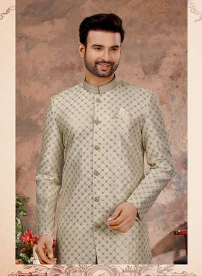 Cream computer amrodery booti with thread work  indo western sherwani 2