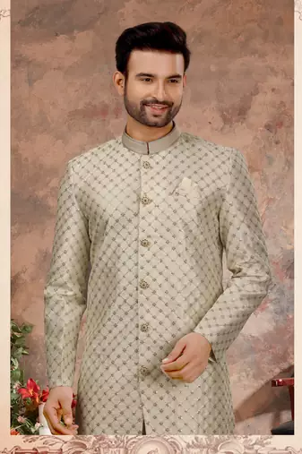Cream computer amrodery booti with thread work  indo western sherwani