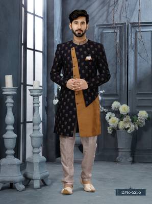 Nevy blue & cheekoo jackard digital printed with thread work  indo western sherwani 1