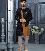 Nevy blue & cheekoo jackard digital printed with thread work  indo western sherwani