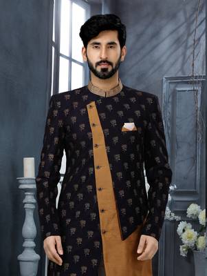 Nevy blue & cheekoo jackard digital printed with thread work  indo western sherwani 2