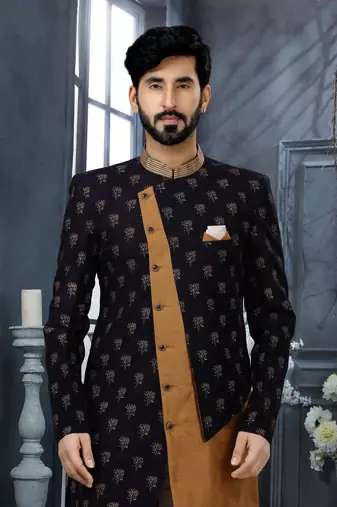 Nevy blue & cheekoo jackard digital printed with thread work  indo western sherwani