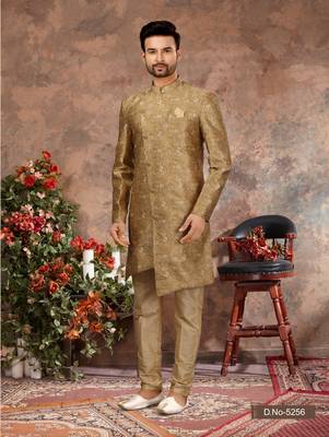 Gold & musturd jackard digital printed with thread work  indo western sherwani 1