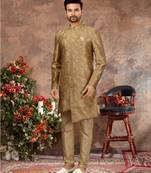 Gold & musturd jackard digital printed with thread work  indo western sherwani