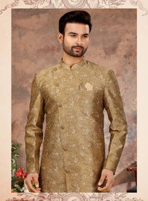 Gold & musturd jackard digital printed with thread work  indo western sherwani 2