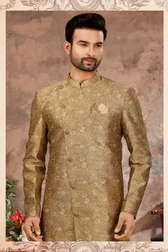 Gold & musturd jackard digital printed with thread work  indo western sherwani