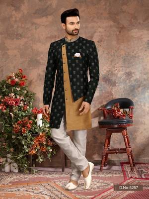 Bottle green & cheekoo jackard digital printed with thread work  indo western sherwani 1