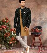 Bottle green & cheekoo jackard digital printed with thread work  indo western sherwani