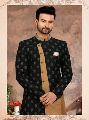 Bottle green & cheekoo jackard digital printed with thread work  indo western sherwani 2