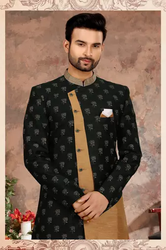 Bottle green & cheekoo jackard digital printed with thread work  indo western sherwani