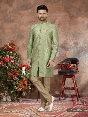 Sea green jackard digital printed with thread work  indo western sherwani 1