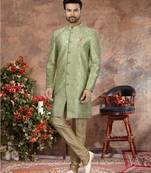 Sea green jackard digital printed with thread work  indo western sherwani