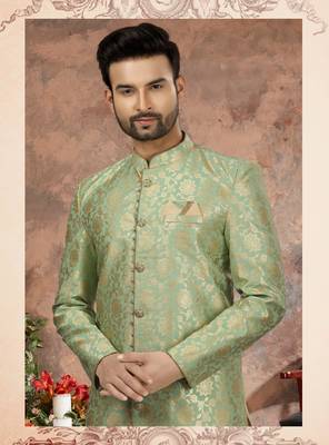 Sea green jackard digital printed with thread work  indo western sherwani 2