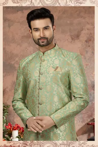Sea green jackard digital printed with thread work  indo western sherwani
