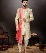 Gold to pink havy classic sherwani with thread and less work and with side dopatta