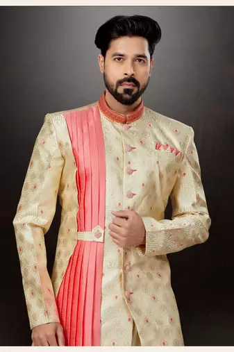 Gold to pink havy classic sherwani with thread and less work and with side dopatta