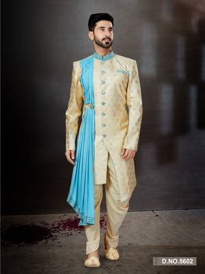 Gold to sky blue havy classic sherwani with thread and less work and with side dopatta 1
