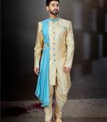 Gold to sky blue havy classic sherwani with thread and less work and with side dopatta