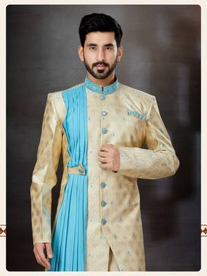 Gold to sky blue havy classic sherwani with thread and less work and with side dopatta 2