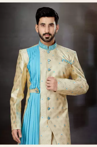 Gold to sky blue havy classic sherwani with thread and less work and with side dopatta
