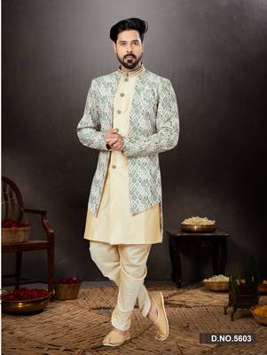 Gold to green and cream mix havy classic indowestern sherwani with thread and less work with extra palla 1