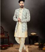Gold to green and cream mix havy classic indowestern sherwani with thread and less work with extra palla