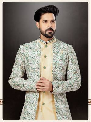 Gold to green and cream mix havy classic indowestern sherwani with thread and less work with extra palla 2