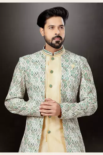 Gold to green and cream mix havy classic indowestern sherwani with thread and less work with extra palla