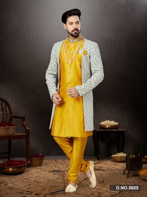 Dark yellow to cream mix colur havy classic indowestern sherwani with thread and less work with extra palla 1